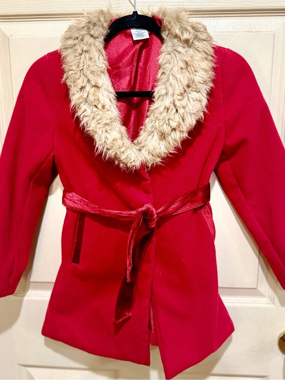 Max Studio Red Pea Coat with Faux Fur Collar